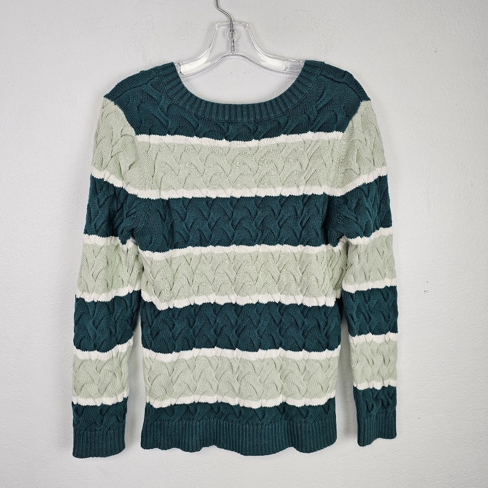 Lands End Drifter Sweater Green Stripes Cable Knit Pullover Cotton Sz M Academia - Picture 6 of 11